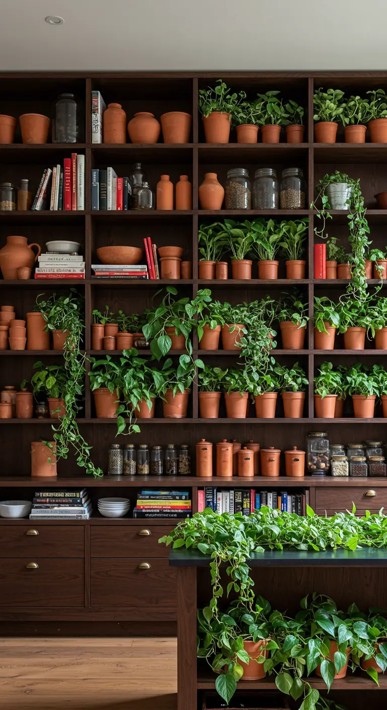 Una pared entera de estanterías de madera oscura llenas de plantas en macetas de terracota.