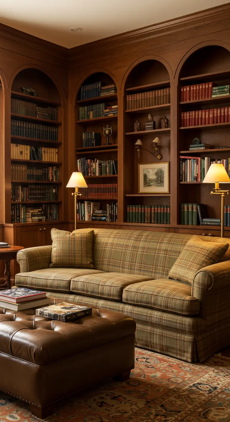 Sala estilo biblioteca con estanterías de madera y sofá de tartán.