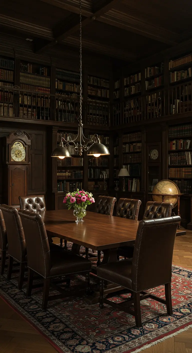 Comedor señorial rodeado de estanterías llenas de libros, con una gran mesa y sillas de cuero.