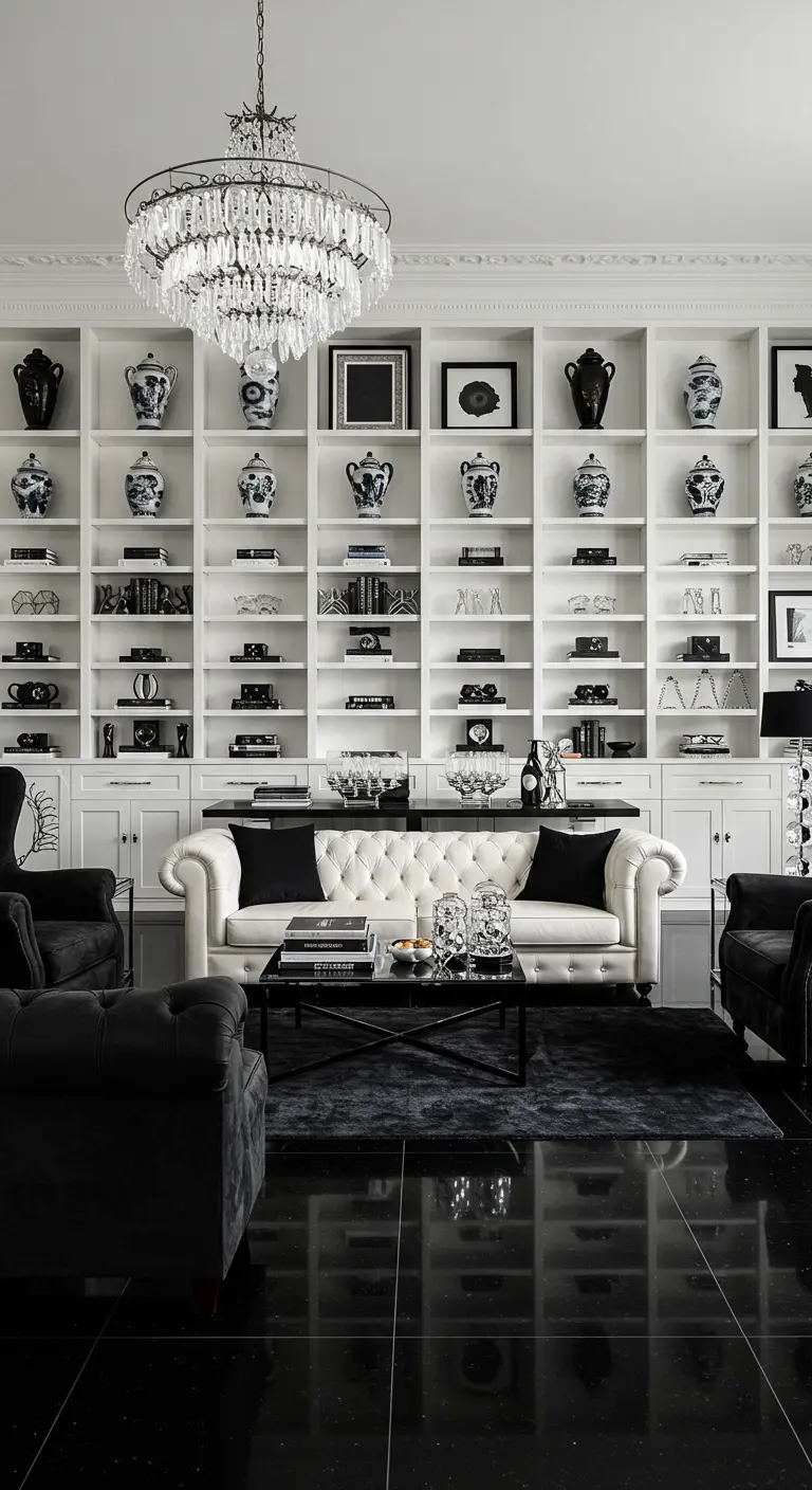 Impresionante biblioteca blanca del suelo al techo con objetos decorativos en blanco y negro.