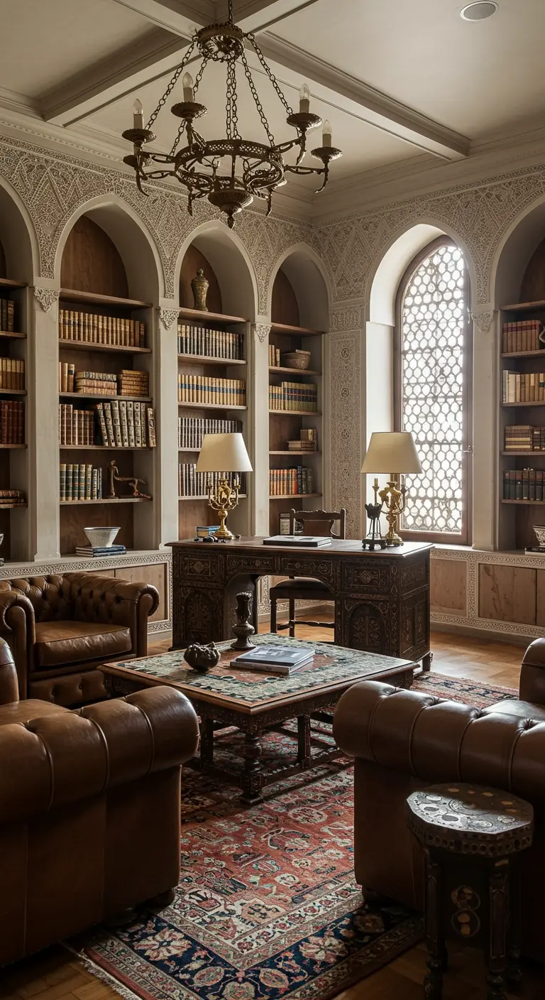 Biblioteca de estilo árabe-andaluz con estanterías en arcos, escritorio tallado y sofás de cuero.
