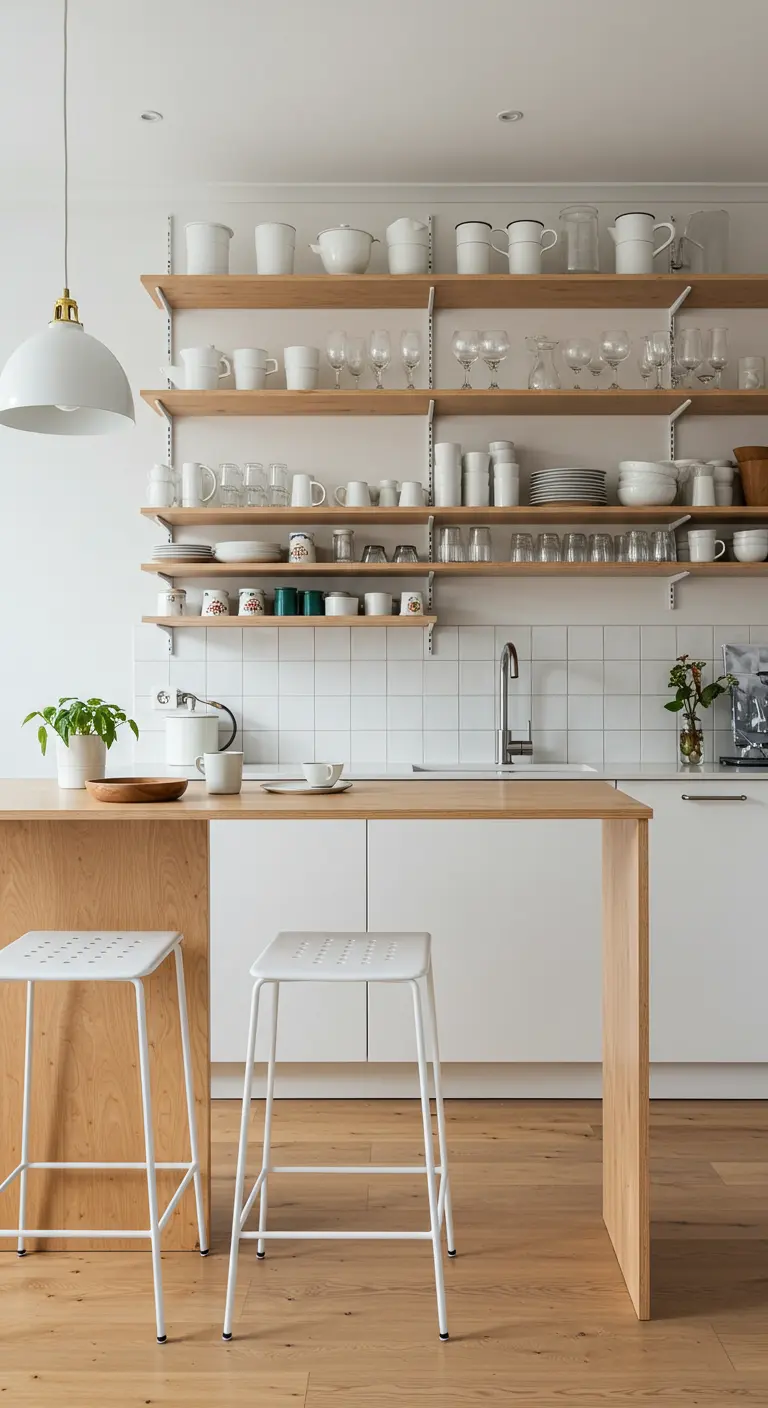 Cocina con estanterías abiertas llenas de vajilla blanca y una isla de madera minimalista.
