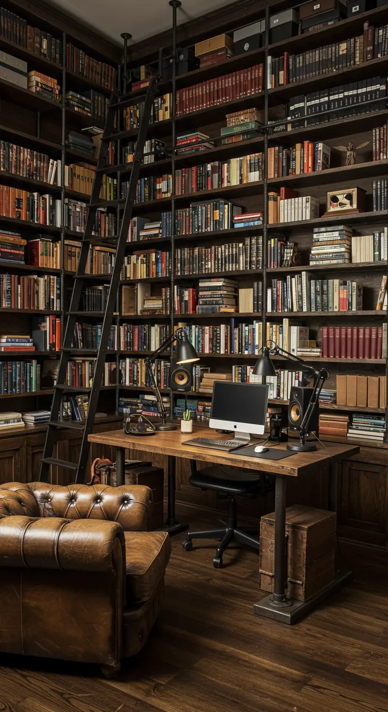 Estudio de podcast en una biblioteca casera con estanterías hasta el techo y una escalera rodante.