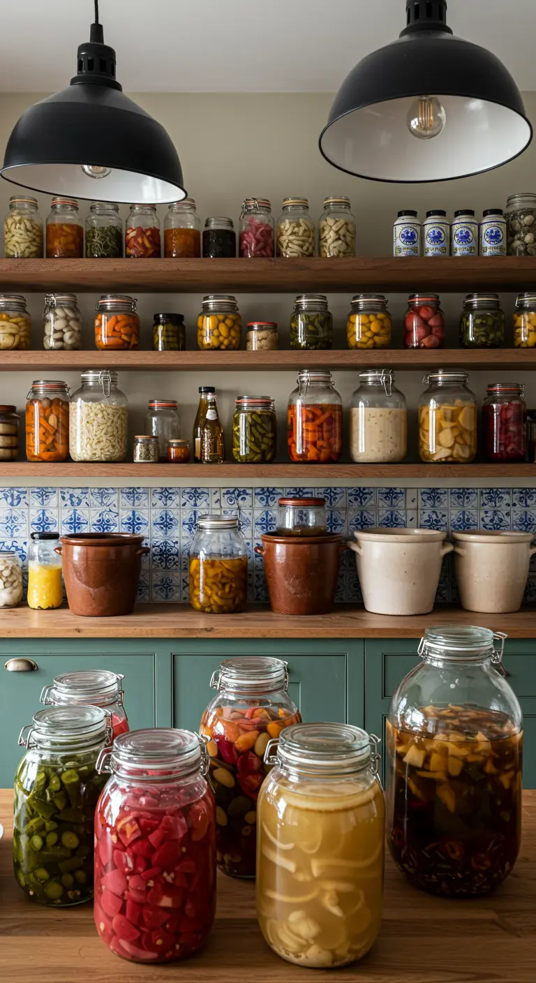 Estantes de cocina llenos de frascos con verduras encurtidas y conservas de colores vivos.