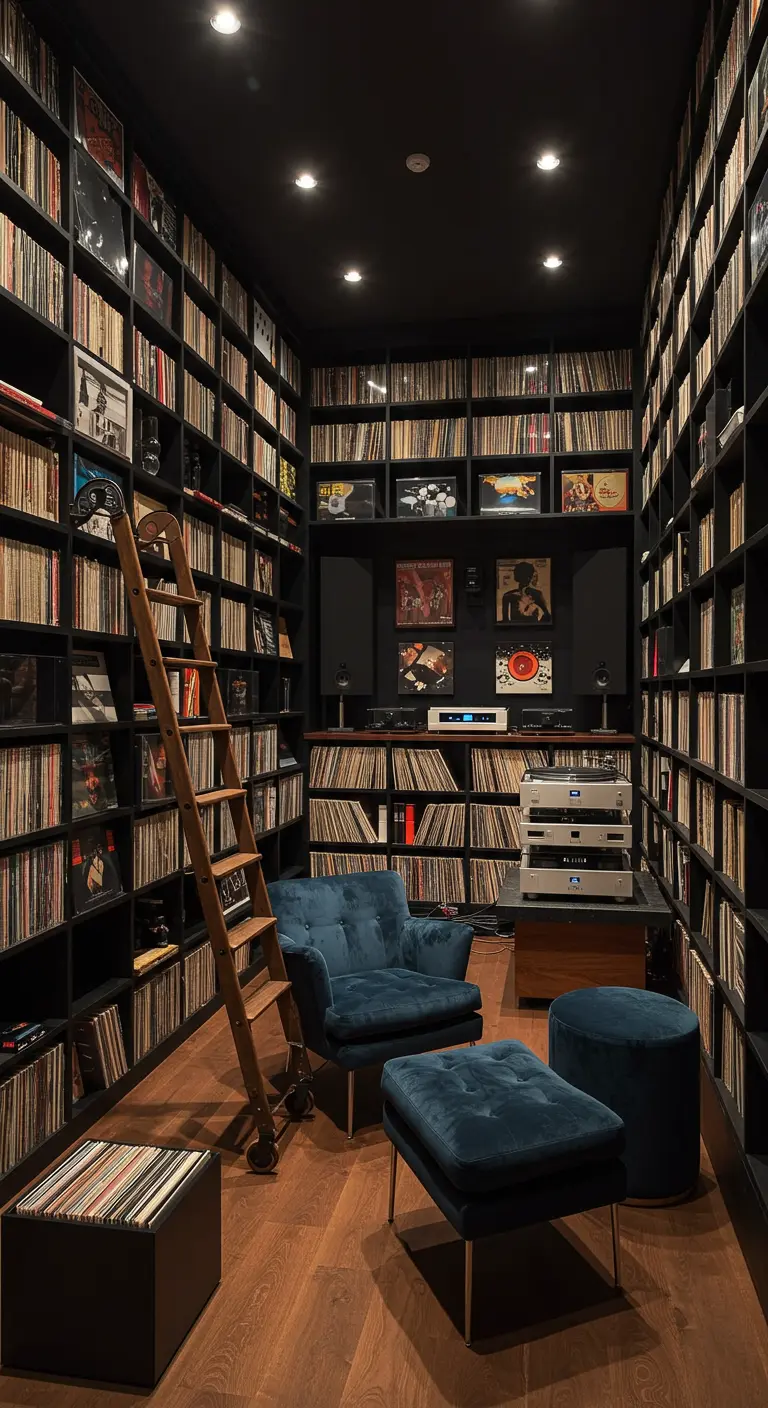 Habitación con estanterías del suelo al techo repletas de vinilos, con un sillón de terciopelo en el centro.