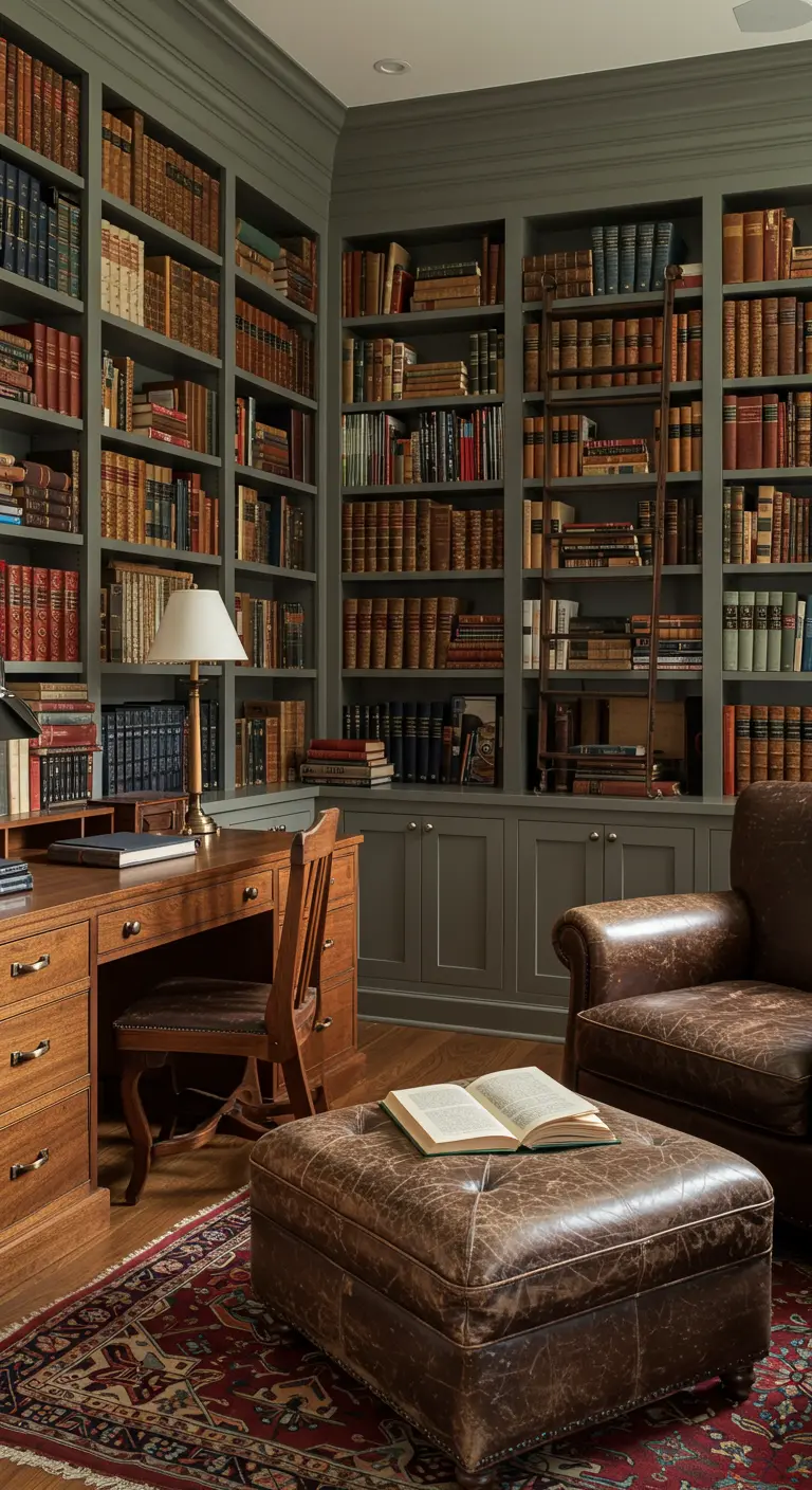 Biblioteca en casa con estanterías de color verde oscuro, escritorio de madera y sillón de cuero.