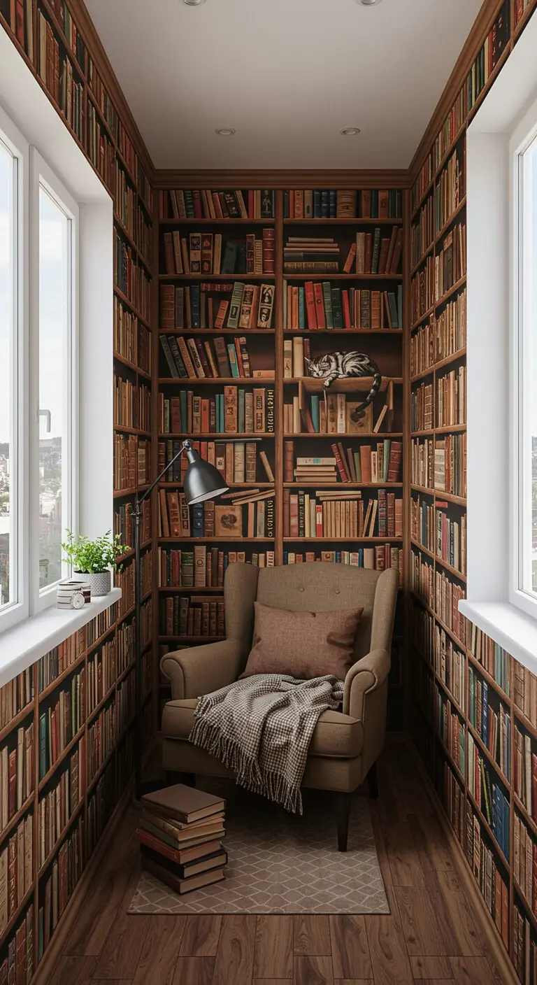 Balcón estrecho decorado con un mural que simula una biblioteca del suelo al techo.