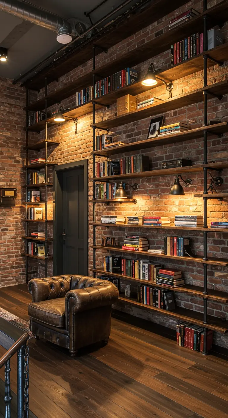 Gran biblioteca de estilo industrial con estanterías de tuberías sobre una pared de ladrillo.