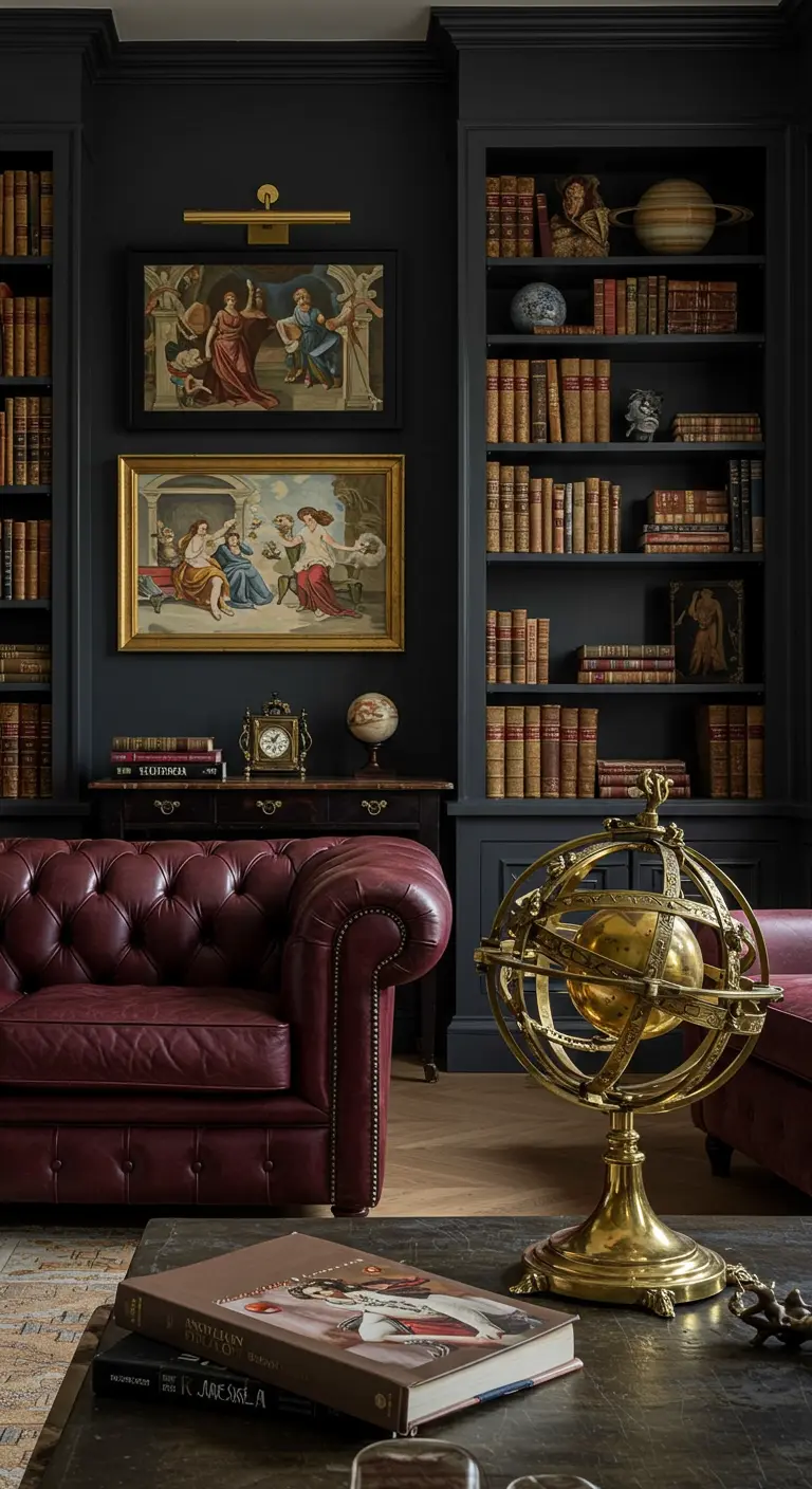 Biblioteca clásica y oscura con sofá Chesterfield de cuero y una esfera armilar de latón.