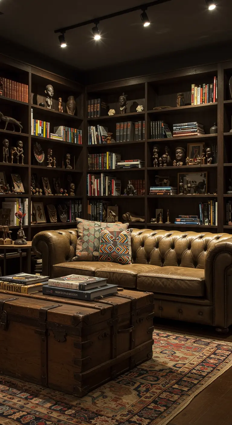 Salón tipo biblioteca con estanterías llenas de libros y artefactos, y un sofá Chesterfield de cuero.