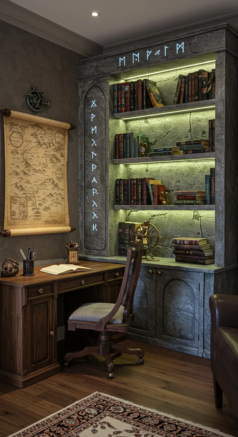 Estudio de fantasía con estantería de piedra iluminada, runas y un mapa antiguo en pergamino.
