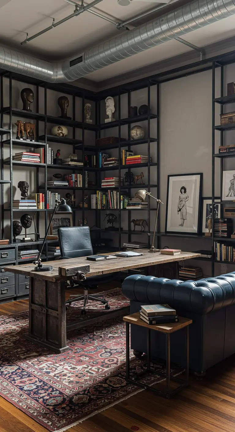 Oficina estilo biblioteca con estanterías metálicas altas, sofá Chesterfield y un escritorio de madera.