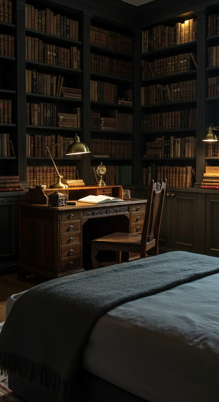 Dormitorio convertido en biblioteca con estanterías oscuras del suelo al techo y un escritorio clásico