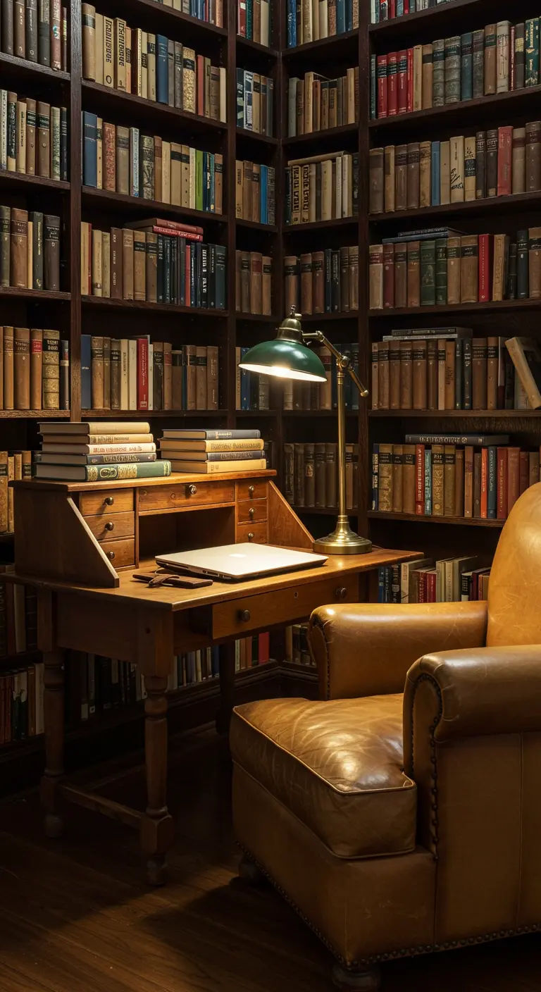 Estudio clásico con estanterías llenas de libros, un escritorio de madera antiguo y un sillón de cuero