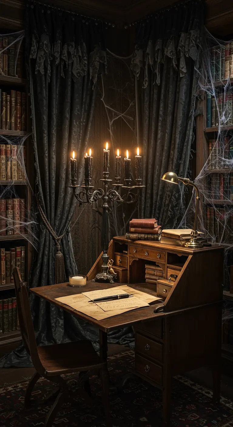 Escritorio gótico en una biblioteca oscura con telarañas y un candelabro negro.