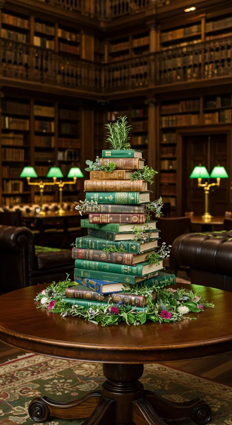 Pila de libros antiguos decorada con hierbas y flores, imitando un pastel de bodas.