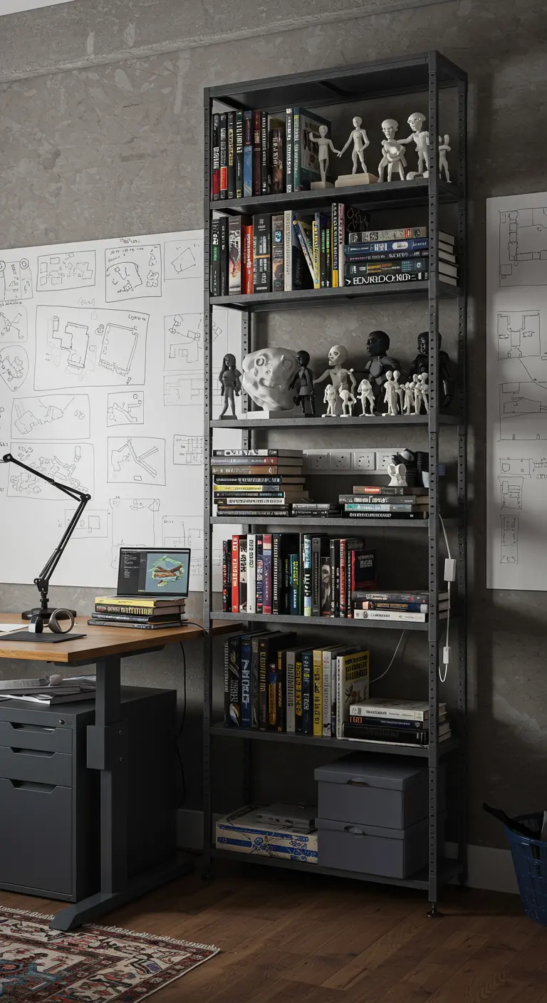 Estantería metálica industrial alta llena de libros, figuras y cajas junto a un escritorio.