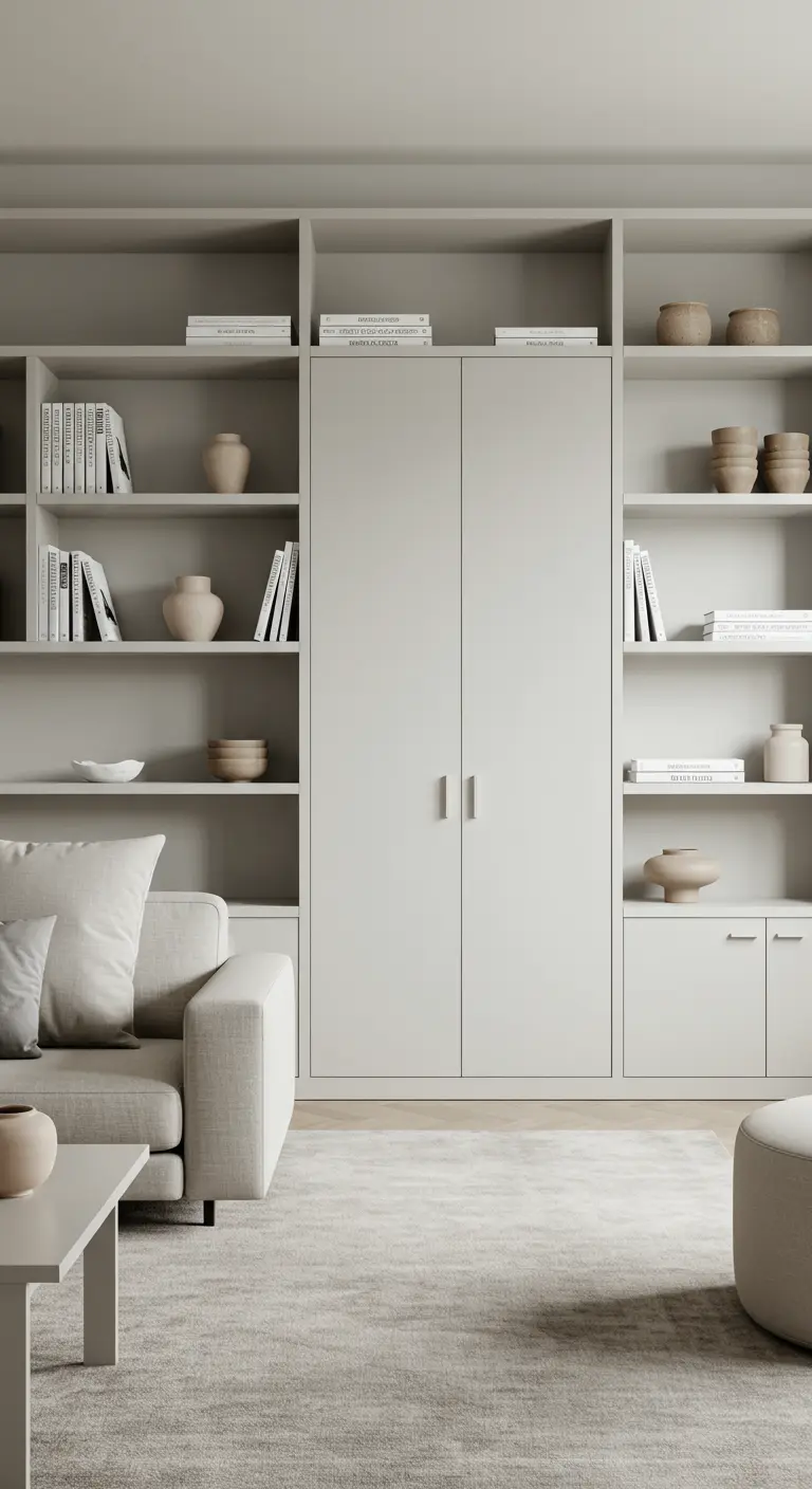 Gran estantería a medida de color gris claro que cubre toda una pared en la sala