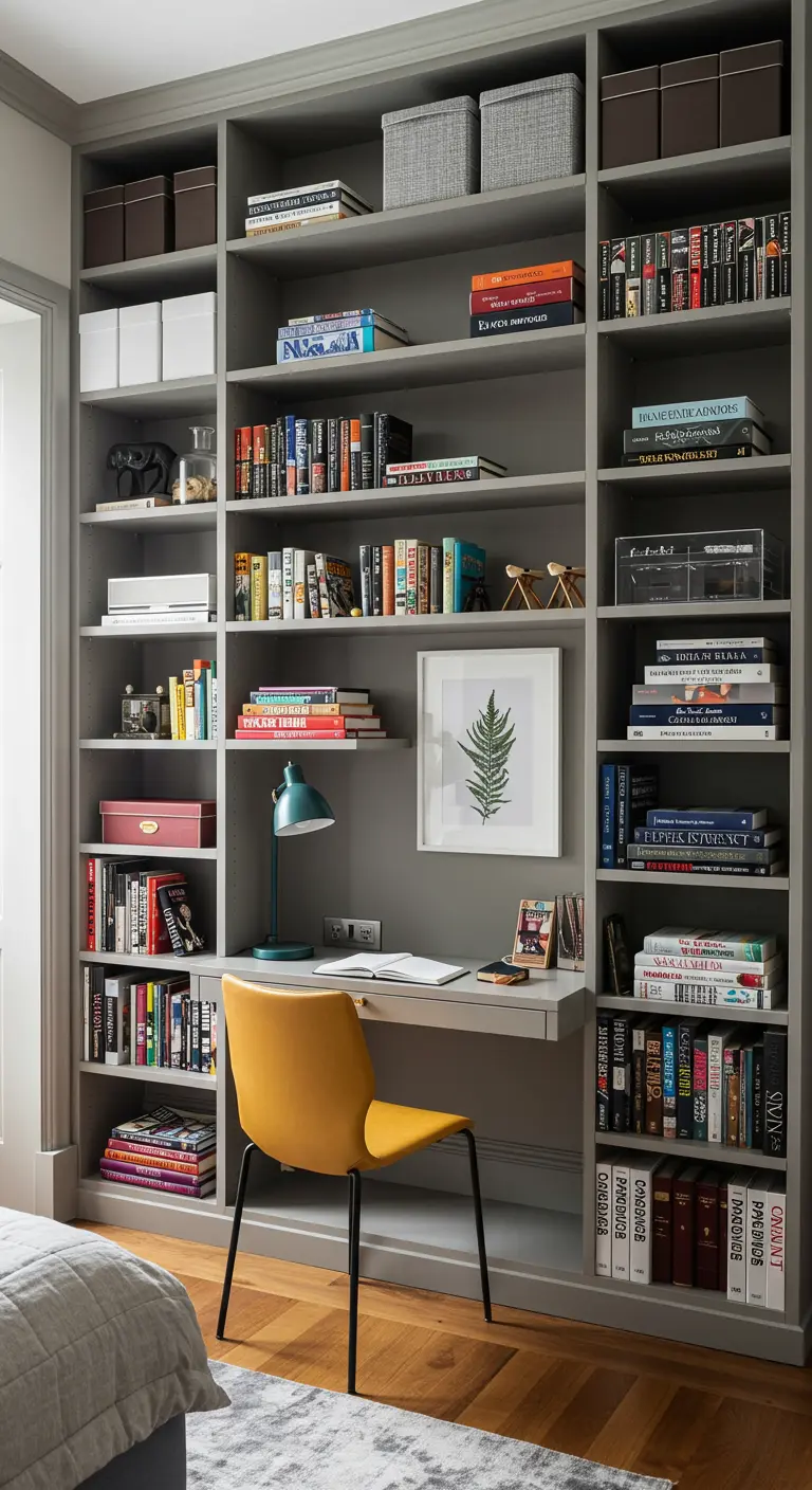 Escritorio integrado en una gran estantería gris llena de libros y cajas decorativas.