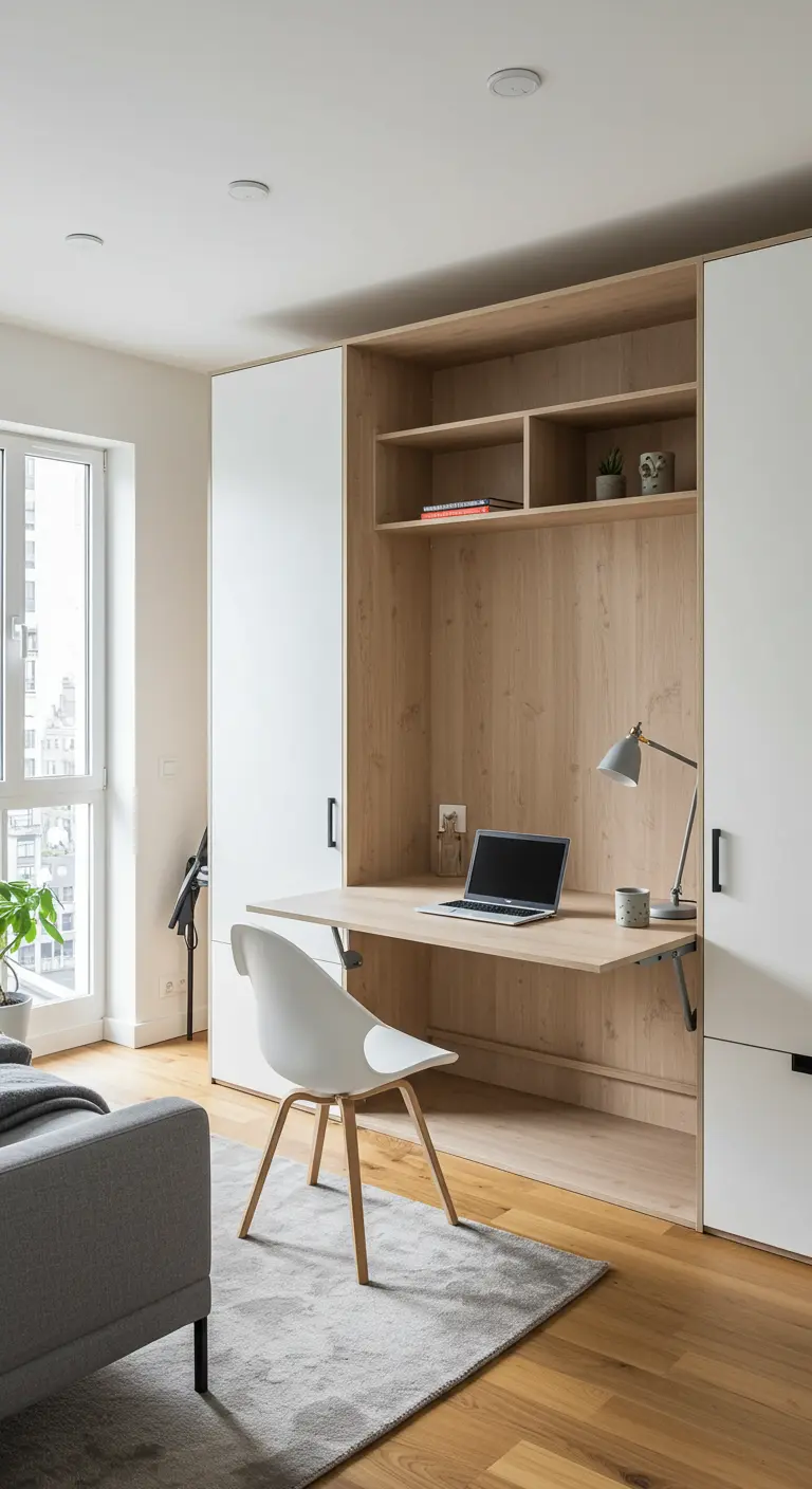 Escritorio plegable integrado en una gran estantería de madera clara y blanco en una sala de estar.