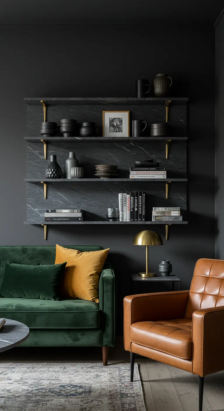 Sala de estar oscura con estanterías de mármol negro y soportes dorados, sofá verde y sillón de cuero