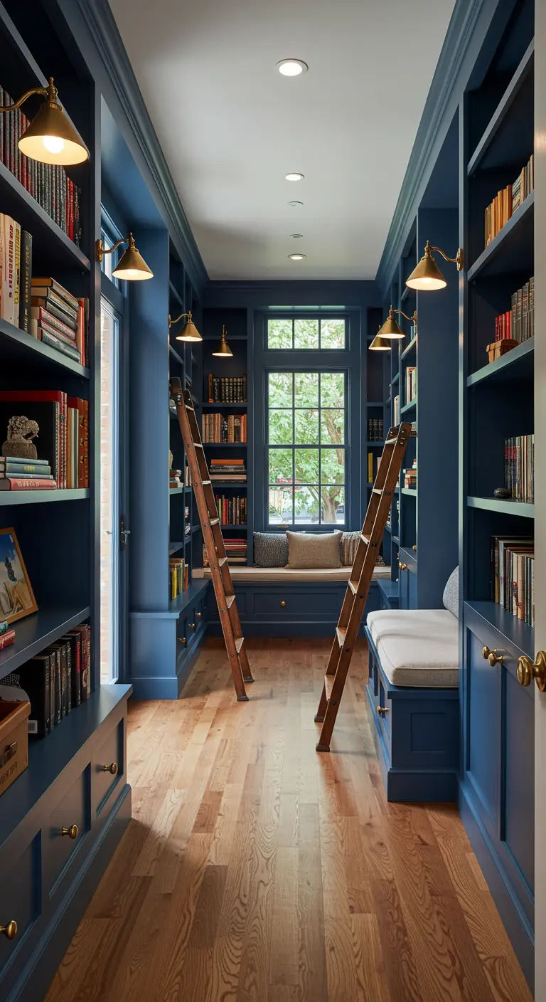 Porche estrecho convertido en una impresionante biblioteca con estanterías azules y escaleras.