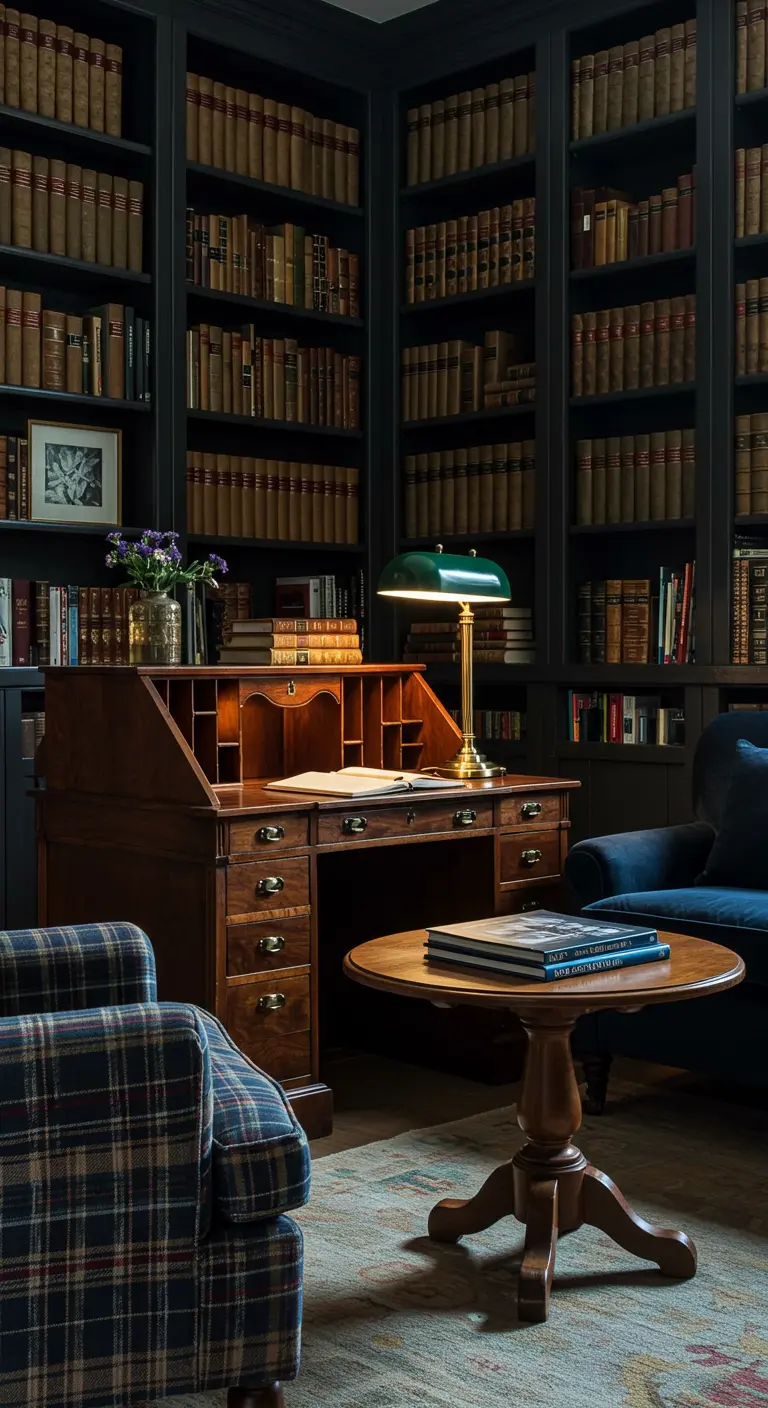 Escritorio clásico de madera oscura en una biblioteca con estanterías del suelo al techo.