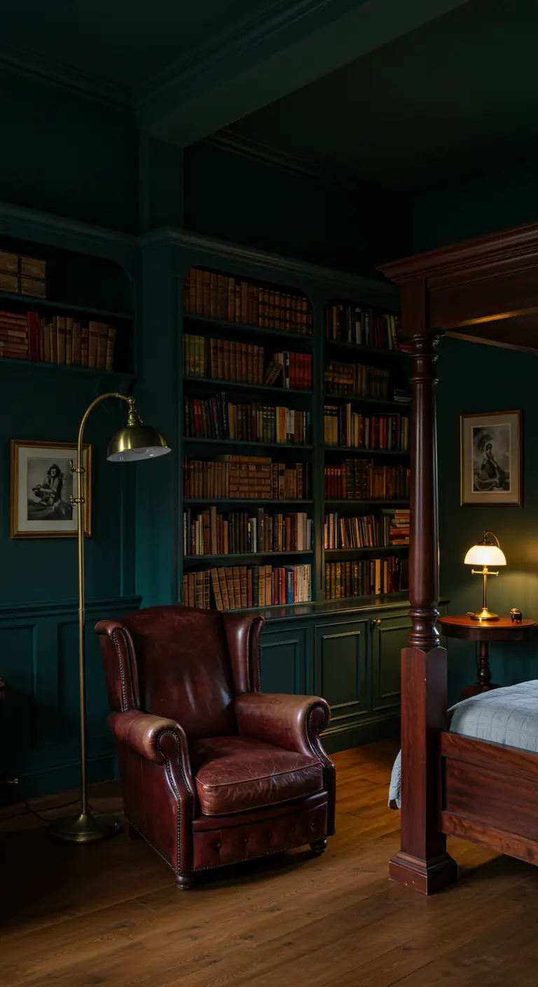 Rincón de lectura oscuro y elegante con estanterías integradas y sillón de cuero.