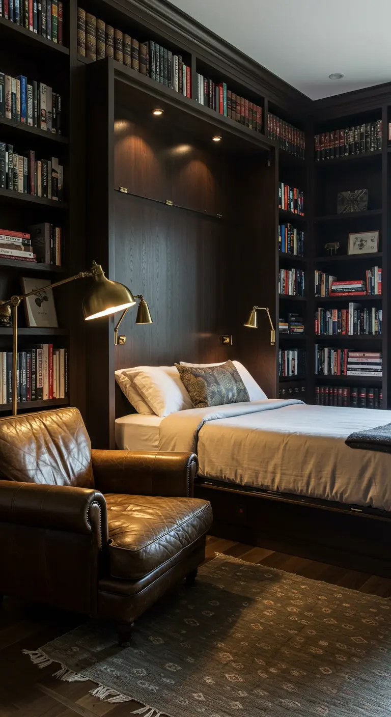 Cama abatible de madera oscura integrada en una estantería de biblioteca clásica.