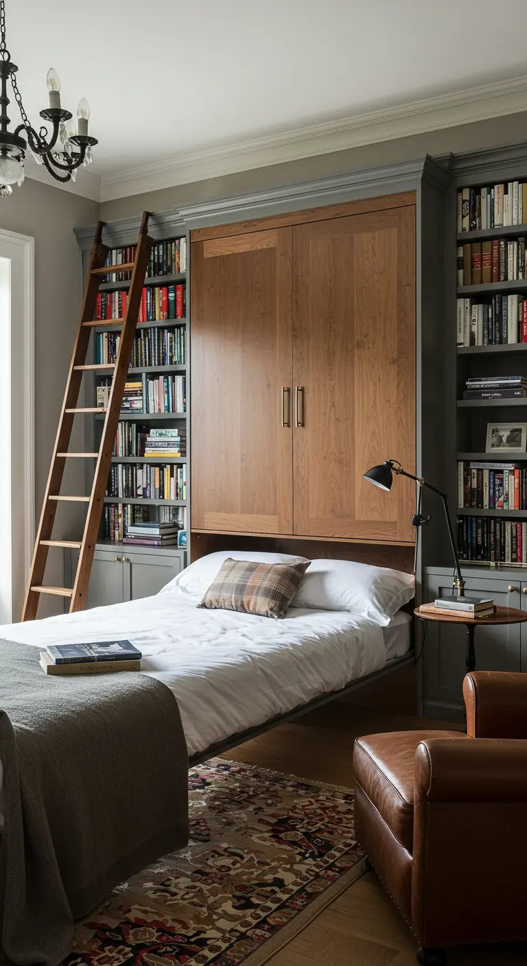 Cama abatible de madera rodeada de estanterías llenas de libros, con una escalera de biblioteca.