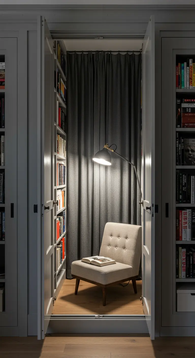 Rincón de lectura oculto entre dos librerías, con una cortina gris para dar privacidad