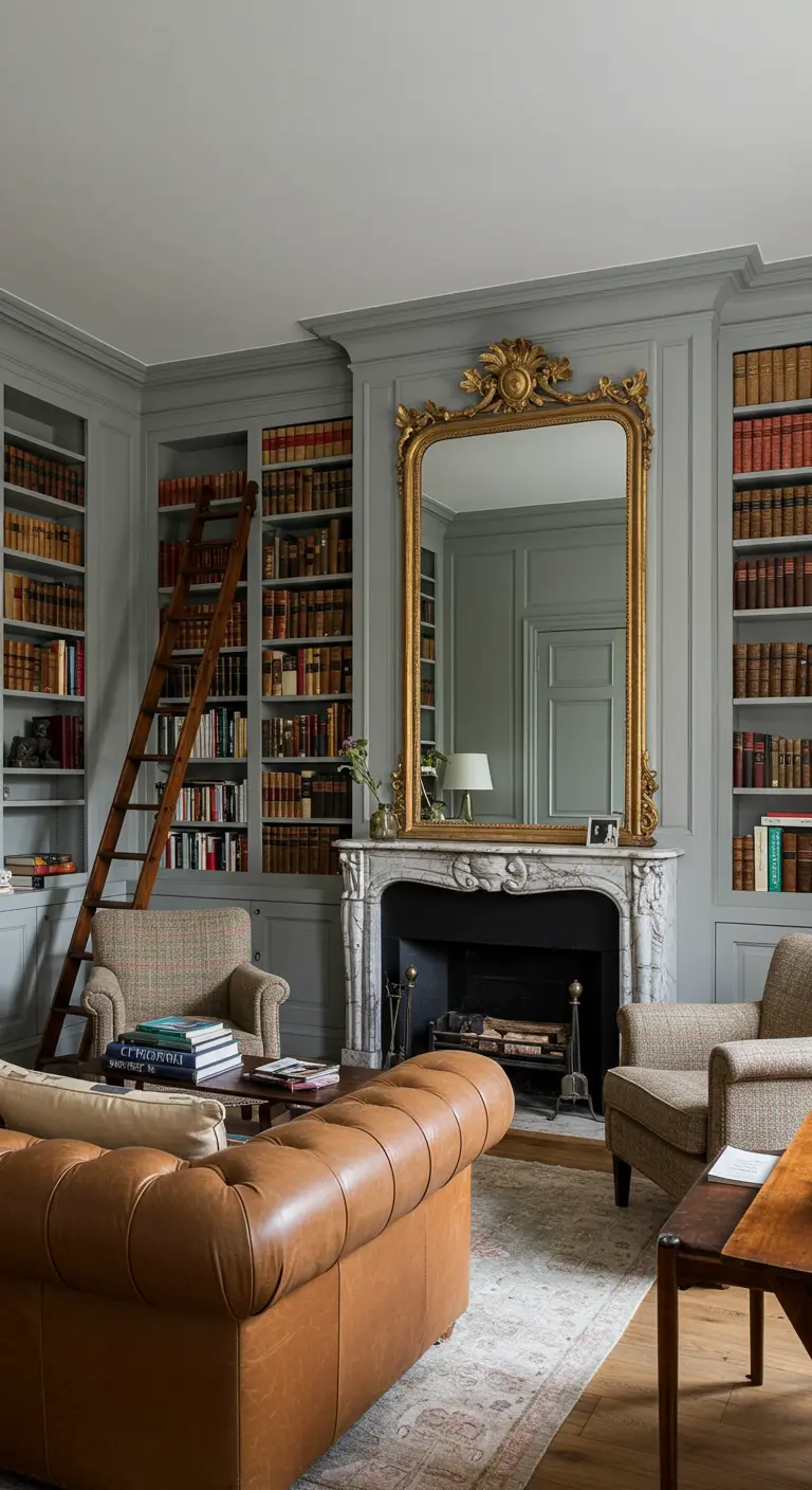 Sala de estar convertida en biblioteca con estanterías grises, sofá de cuero y una escalera de madera.