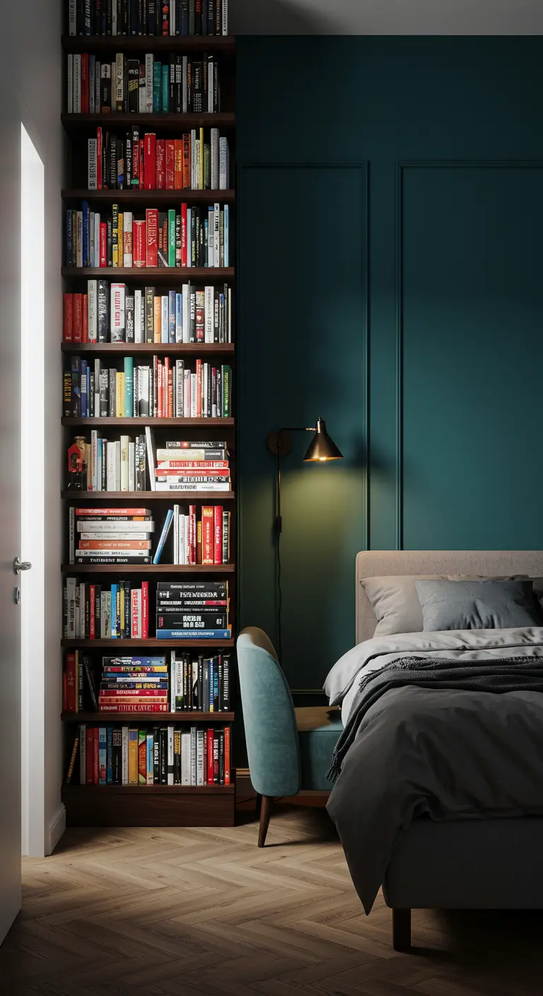 Estantería alta y estrecha del suelo al techo llena de libros junto a una cama con pared verde oscuro.