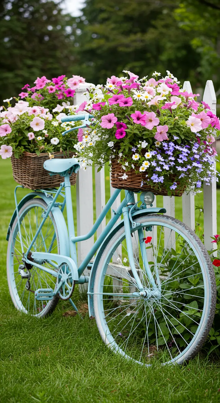 Bicicleta vintage de color azul pastel con cestas de mimbre repletas de flores de colores.