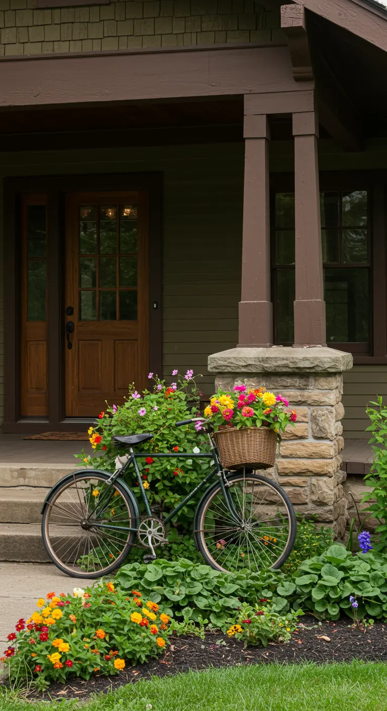 Bicicleta vintage semioculta entre plantas y flores coloridas en un arriate de jardín