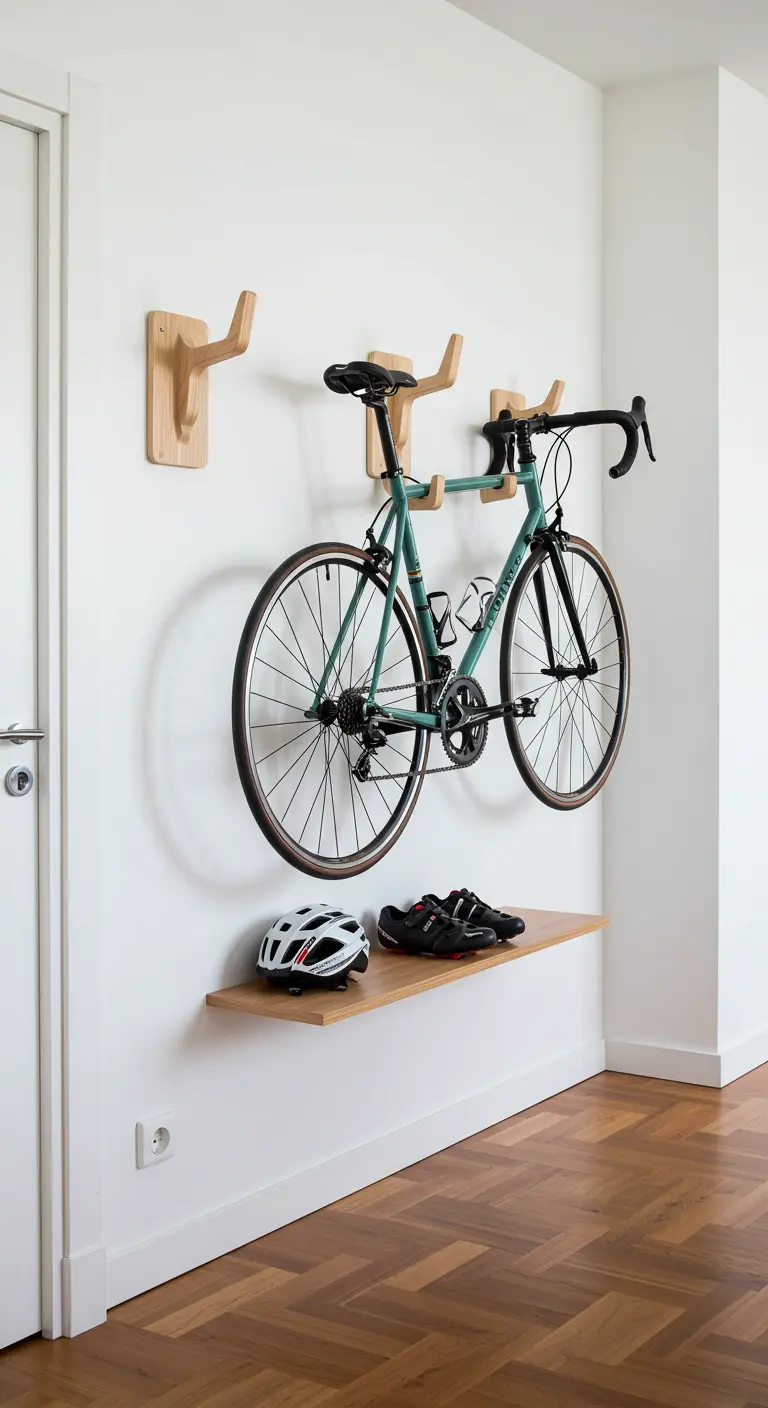 Bicicleta colgada en la pared de un pasillo con soportes de madera de diseño.