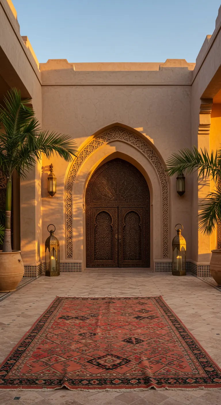 Entrada de estilo marroquí con puerta arqueada, alfombra roja y grandes faroles dorados al atardecer