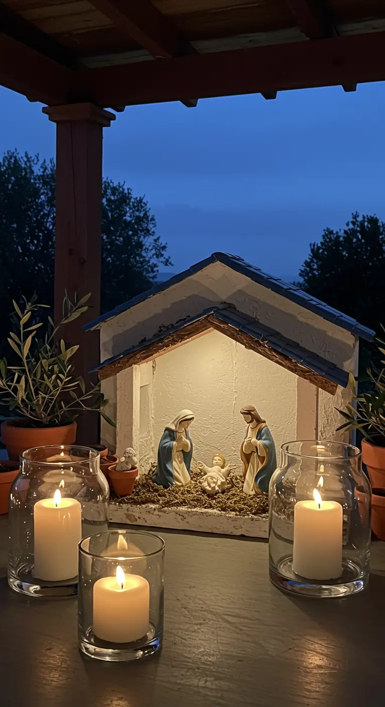 Belen en el porche al anochecer, iluminado desde dentro y rodeado de grandes velas.