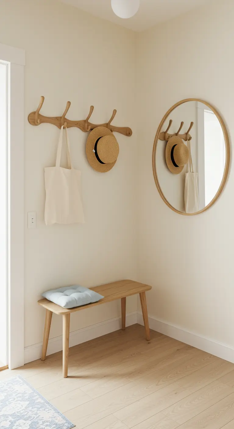 Entrada minimalista con perchero de pared, banco de madera y un espejo redondo.
