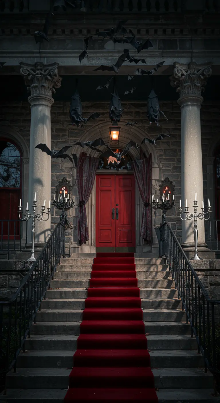 Entrada de mansión con alfombra roja, cortinas de terciopelo y murciélagos colgando.