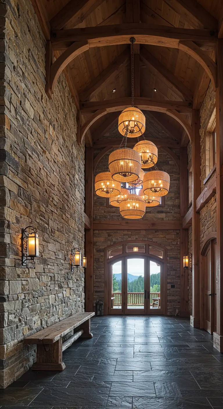 Entrada imponente con techos altos, paredes de piedra y una gran lámpara de mimbre de varios niveles