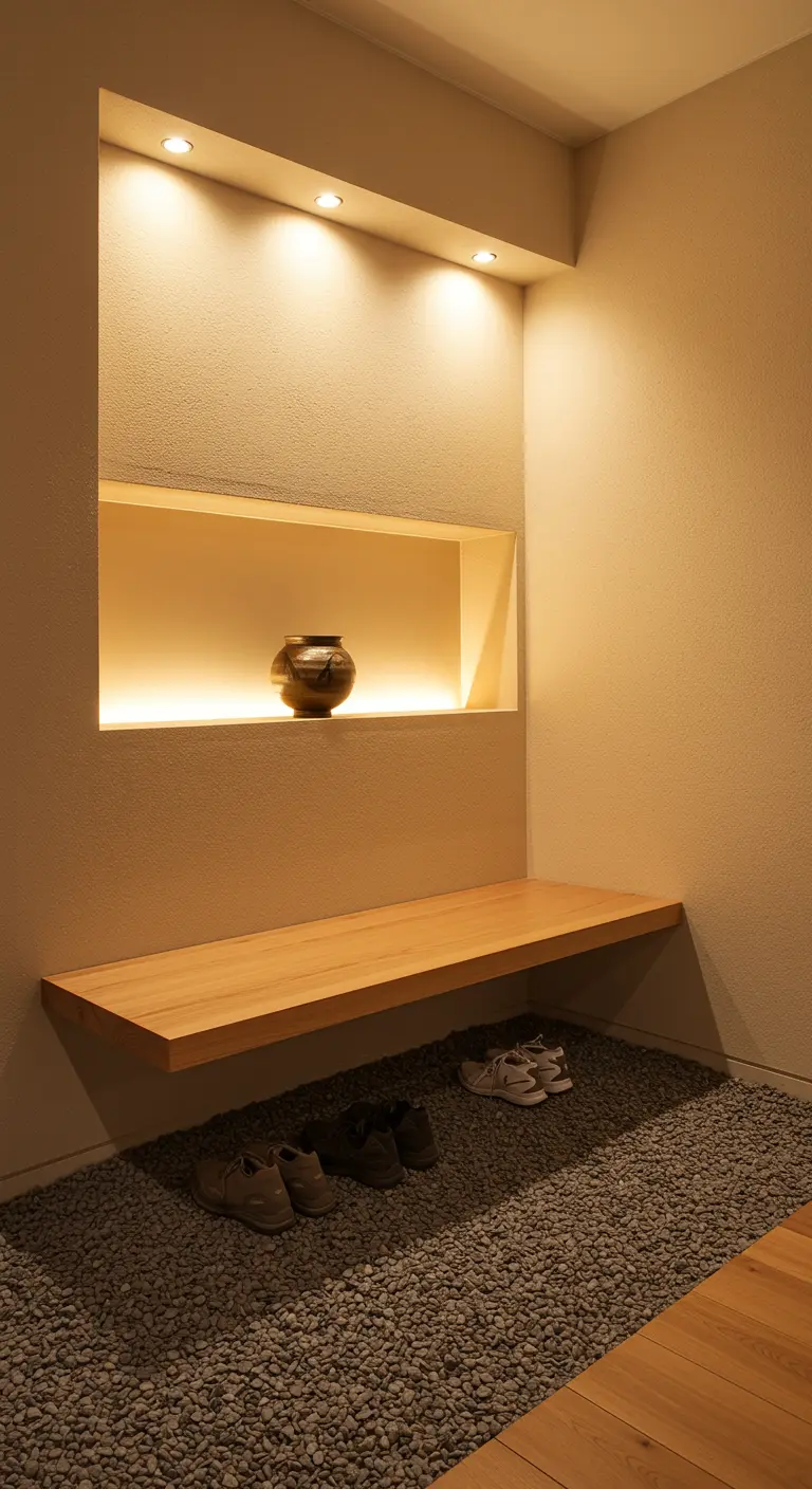 Entrada japonesa con banco de madera flotante, nicho iluminado y suelo de grava para los zapatos.