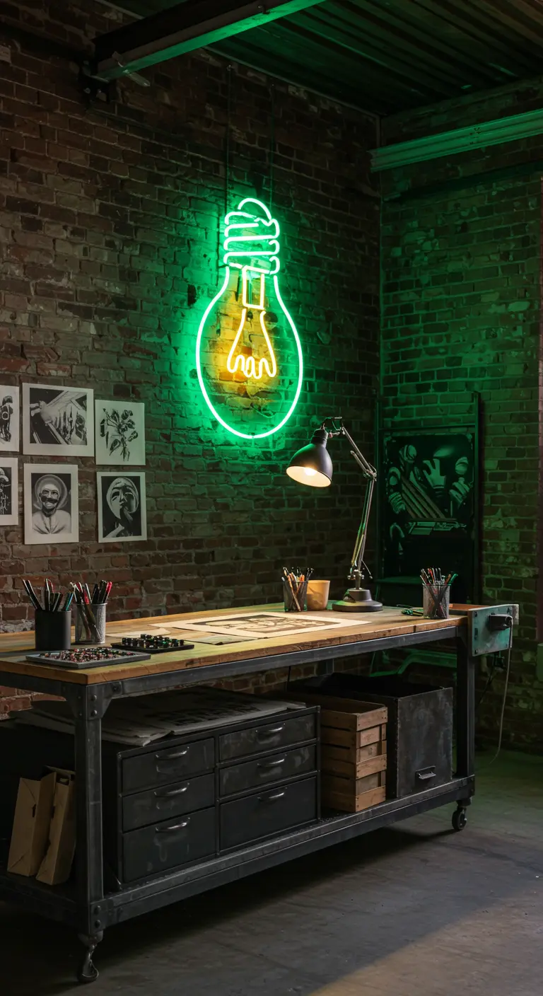 Estudio de arte industrial con un gran neón verde en forma de bombilla.