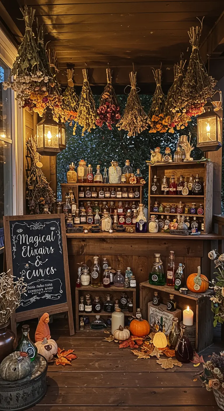 Porche convertido en una botica de bruja, con estanterías llenas de frascos y hierbas secas.
