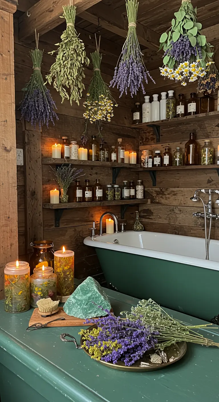 Baño rústico estilo boticario con estanterías llenas de frascos y hierbas secas.