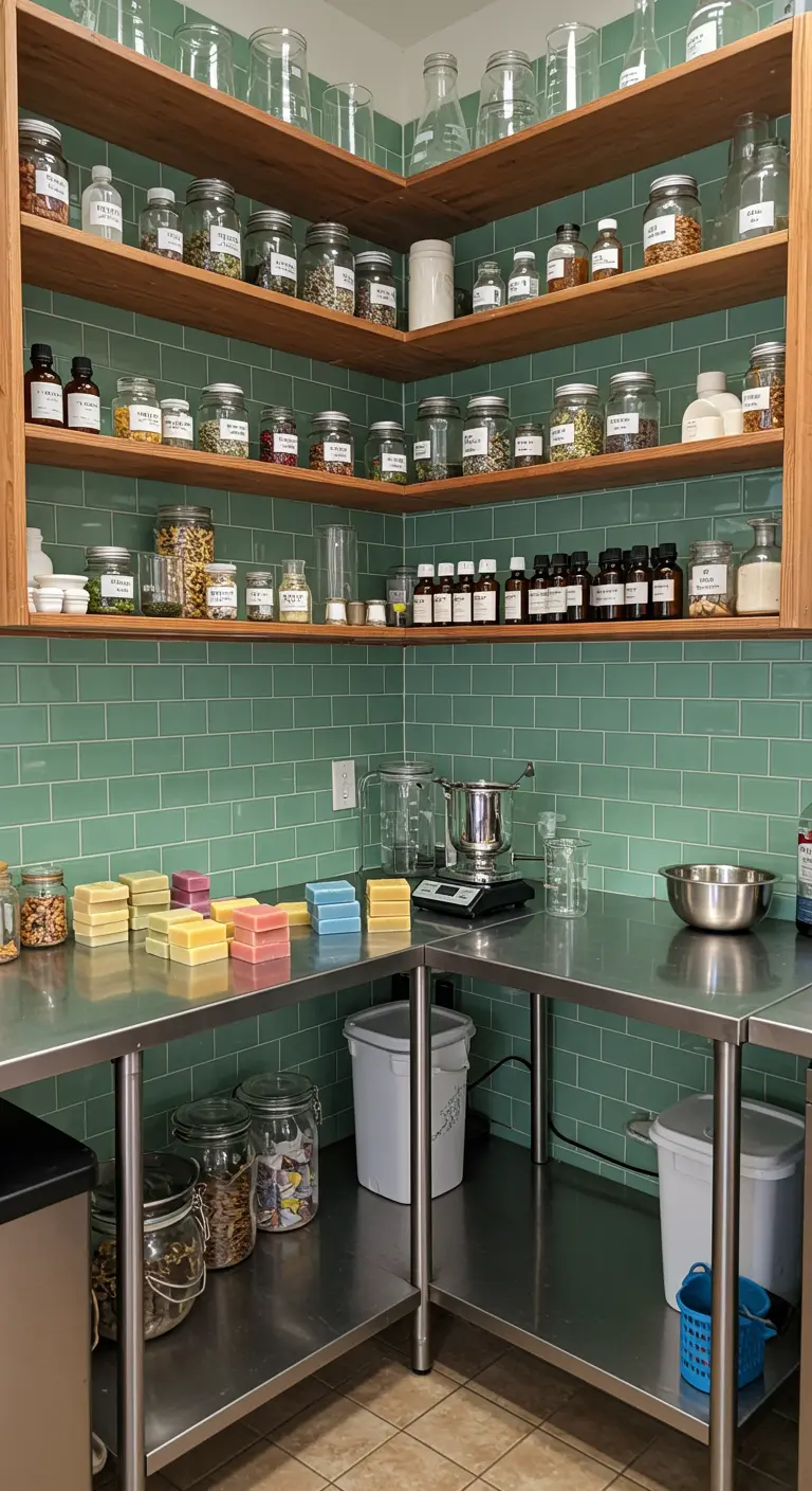 Taller para hacer jabón con azulejos verdes, mesas de acero inoxidable y estanterías de madera con frascos.