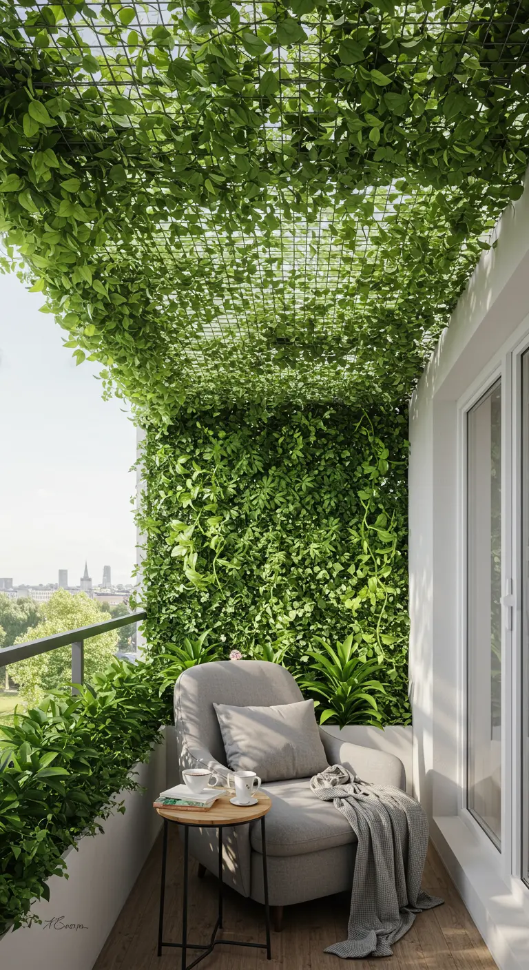 Balcón con las paredes y el techo completamente cubiertos de una densa enredadera verde.