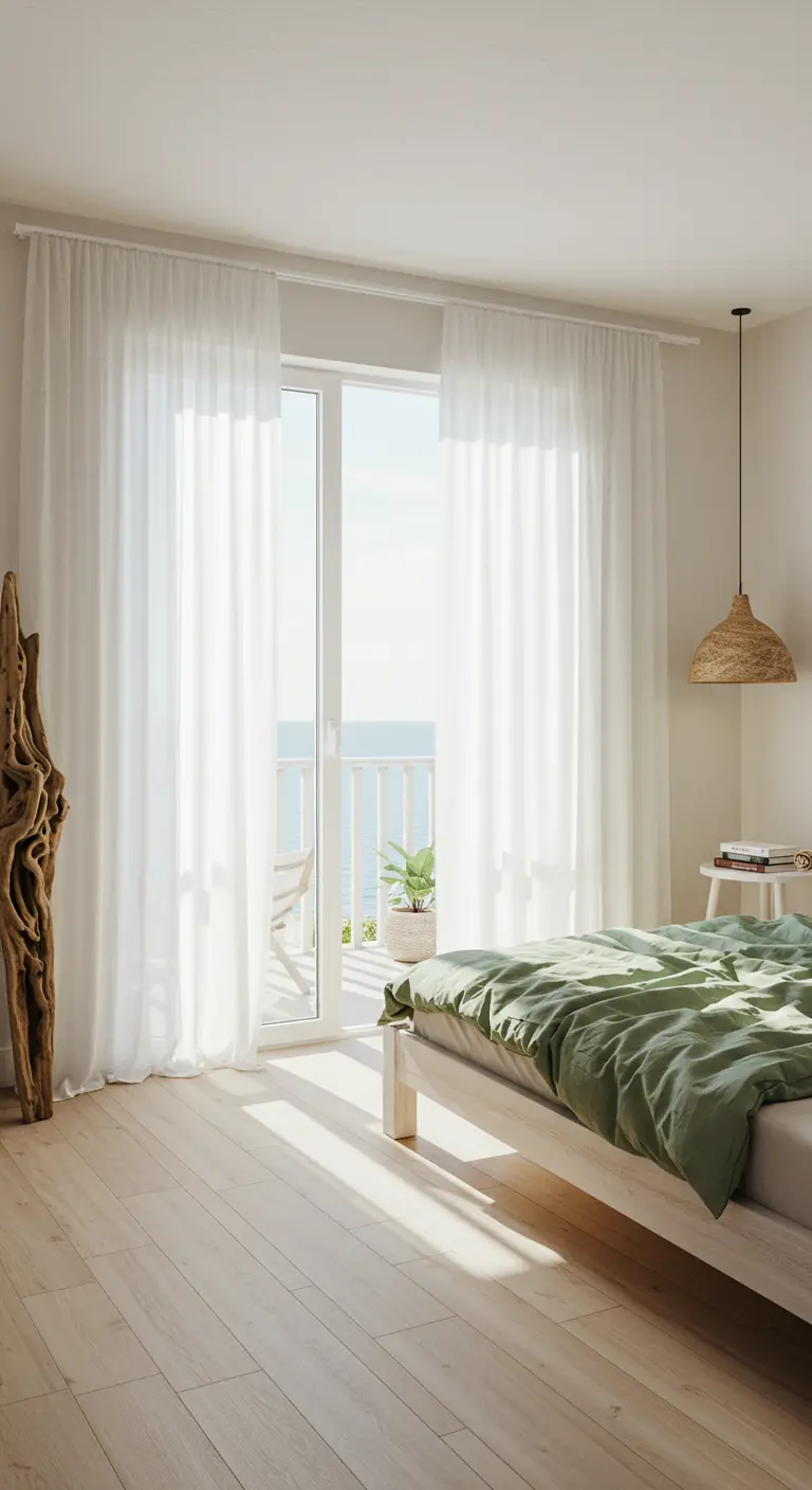Dormitorio luminoso con cortinas blancas transparentes y vistas al balcón y al mar.