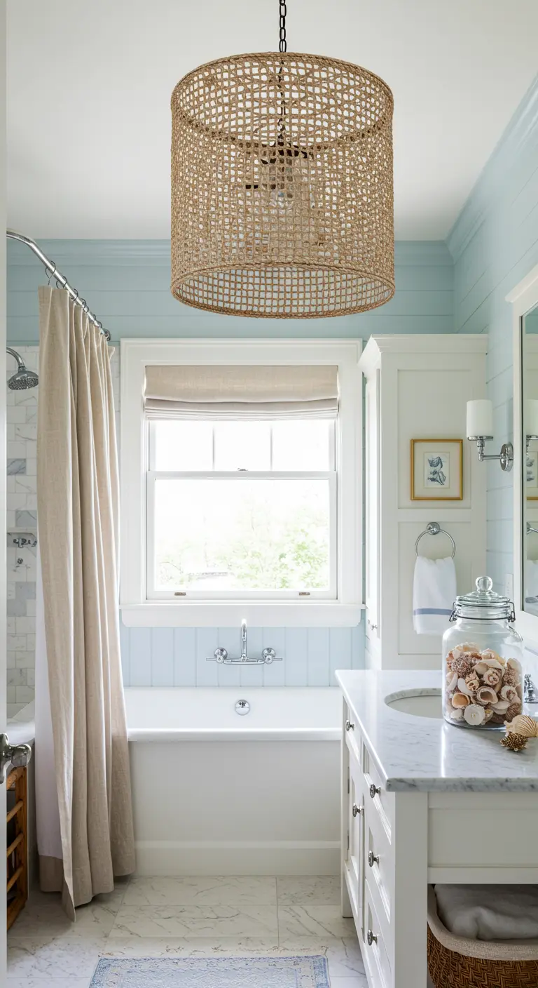 Baño de estilo costero con una lámpara de tambor de mimbre sobre la bañera