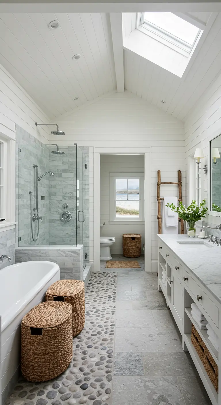 Baño blanco y luminoso con suelo de cantos rodados, cestas de mimbre y una escalera de madera como toallero.